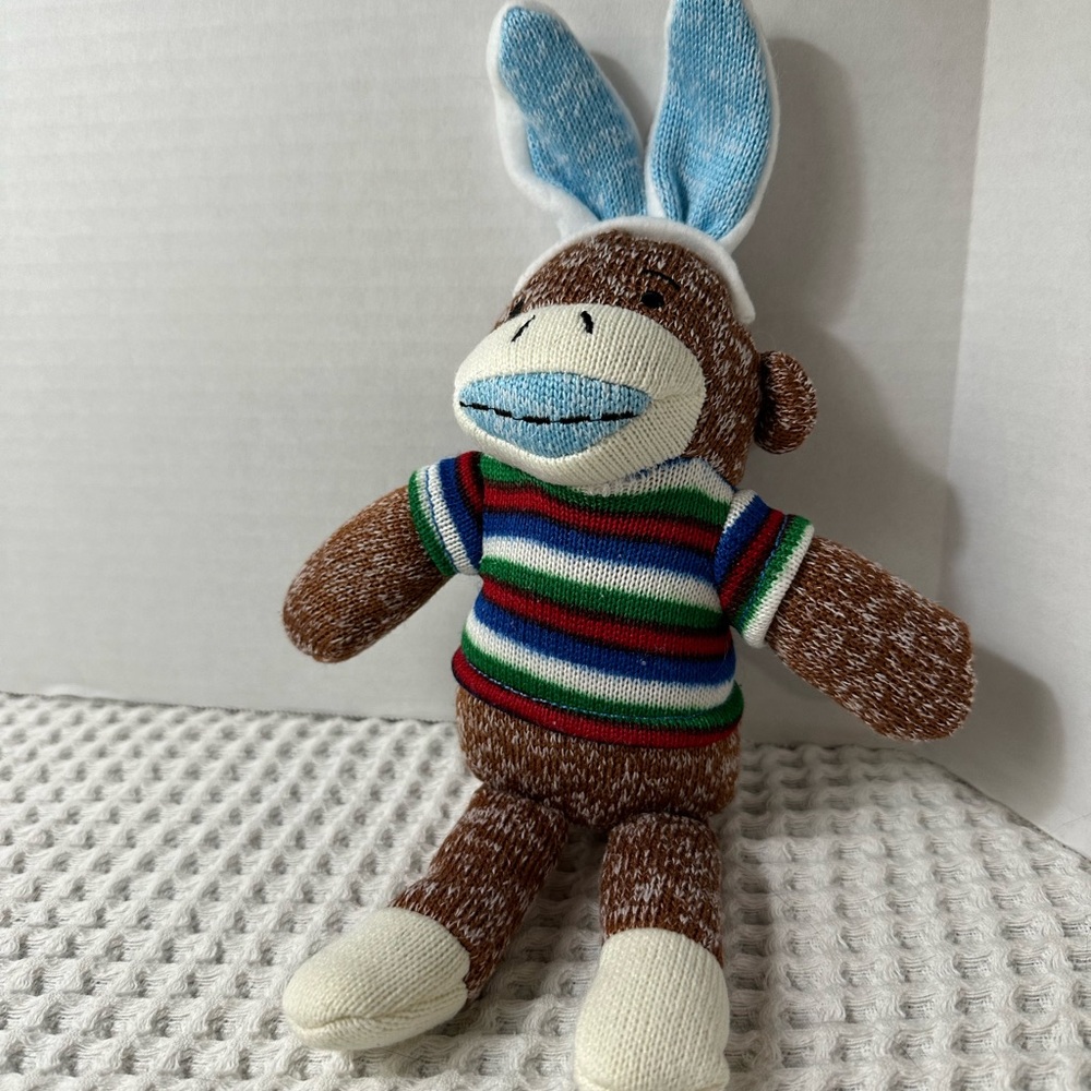 DanDee Stripe Sock Monkey Stuffed Animal Plush Bunny Rabbit Ears 11" Easter Blue
